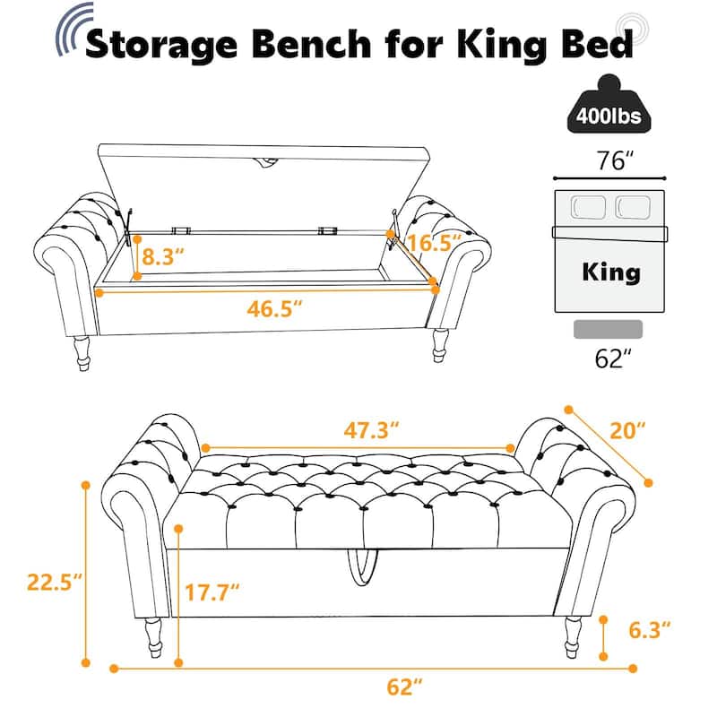 67" Velvet Tufted Storage Bench for Bedroom End of Bed with Roll Arms