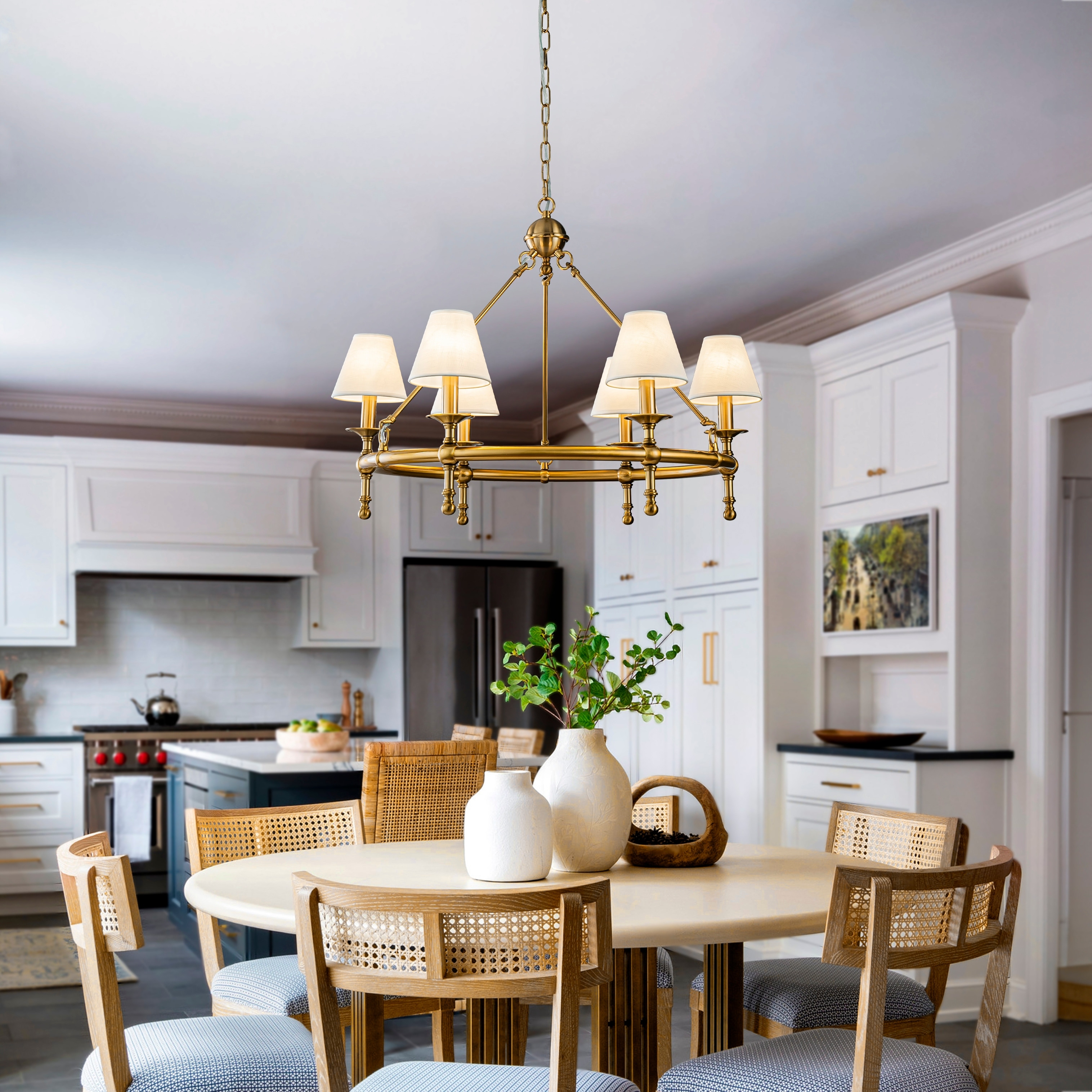 Vintage Brass Chandelier 6 Light Classic Pendant Fixture with White Shades for Elegant Interior Lighting W33.5