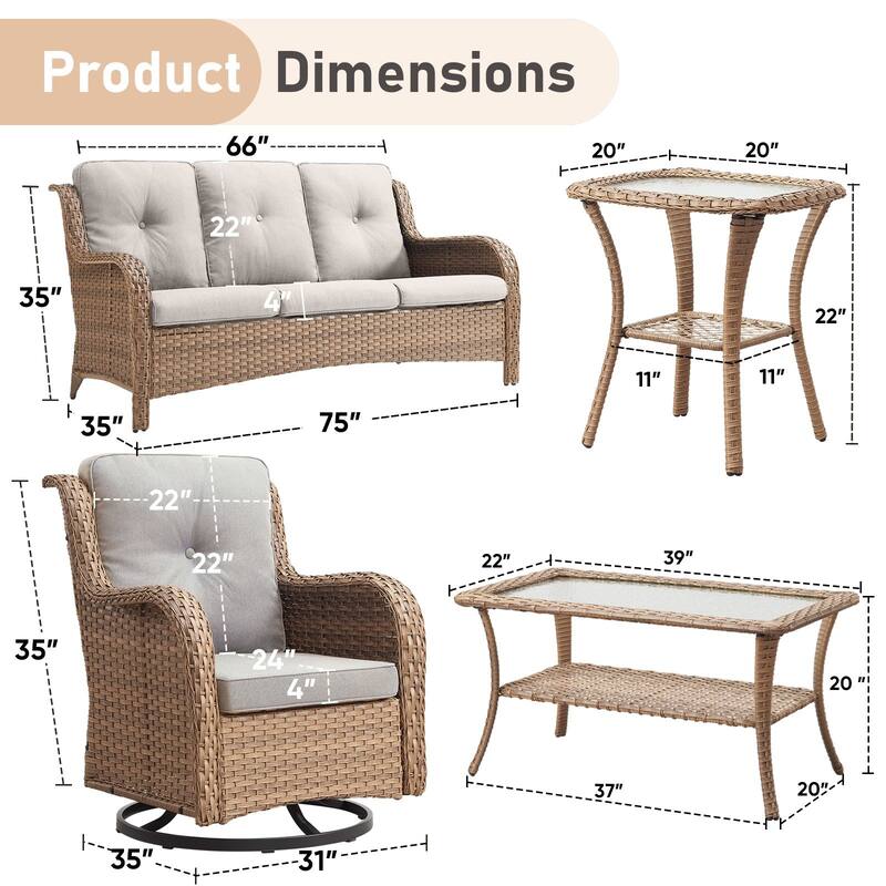 Pocassy 5 Pieces Outdoor 4 Inch Sofa Swivel Chairs Table
