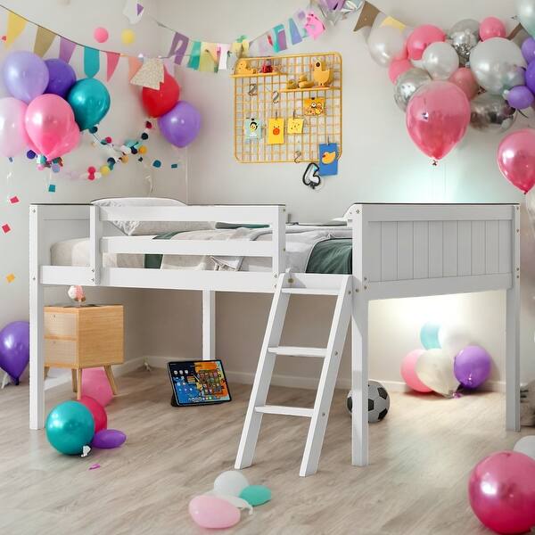 slide 2 of 26, Full Size Wood Low Loft Bed with Ladder, Ladder on Left or Right, White White