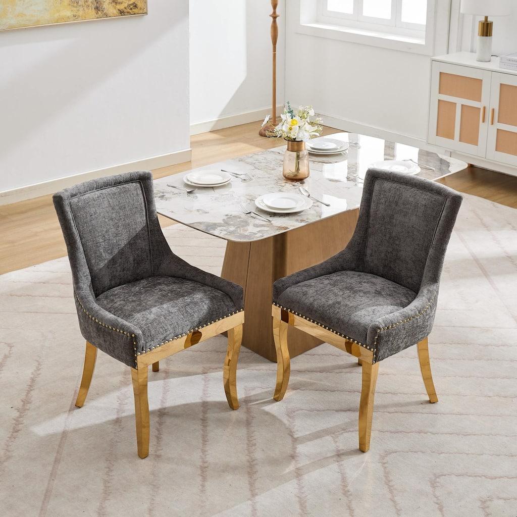 Chenille Dining Chairs, Modern Style with Curved Gold - Plated Legs & Rivet Trim, Upholstered Comfort for Dining/Lounge