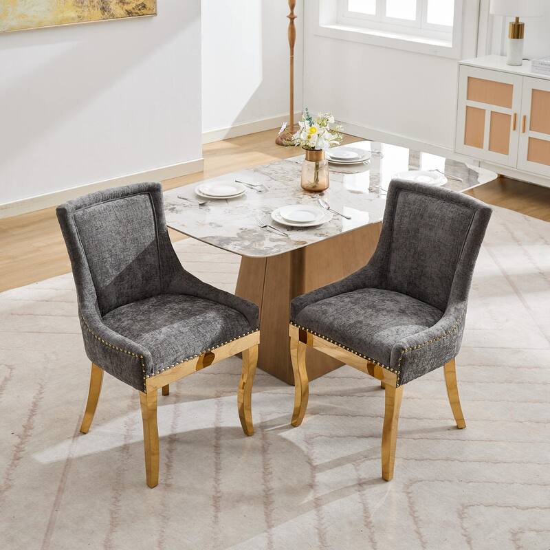 Roomfitters Chenille Dining Chairs Set of 2, Modern Upholstered Accent Chairs with Gold-Plated Legs and Rivet Trim - Grey