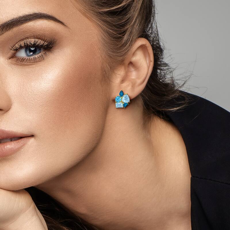 Miadora 10 7/8ct TGW Sky Swiss and London Blue Topaz Cluster Stud Earrings Yellow Silver