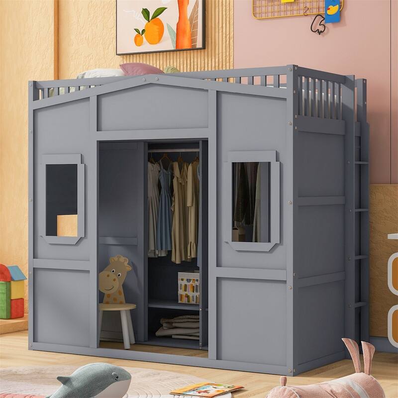 Solid Wood Loft Bed w/ Bulit-in Wardrobe, Hanging Rod & Storage Shelves, Twin/Full Size Playhouse Design Loft Bedframe w/ Window - Grey - Twin