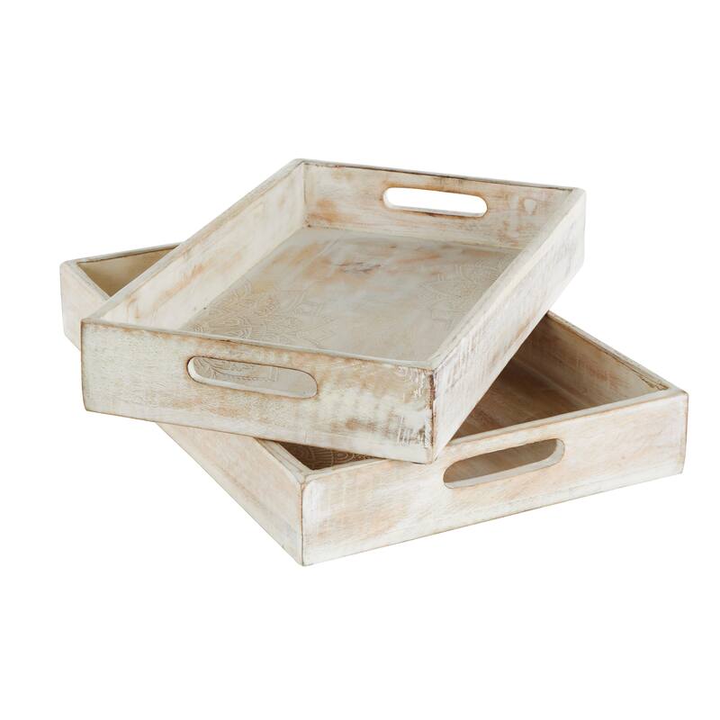 Cream Mango Wood Handmade Whitewashed Living Room Decor Tray with Carved Mandala Interior (Set of 2)