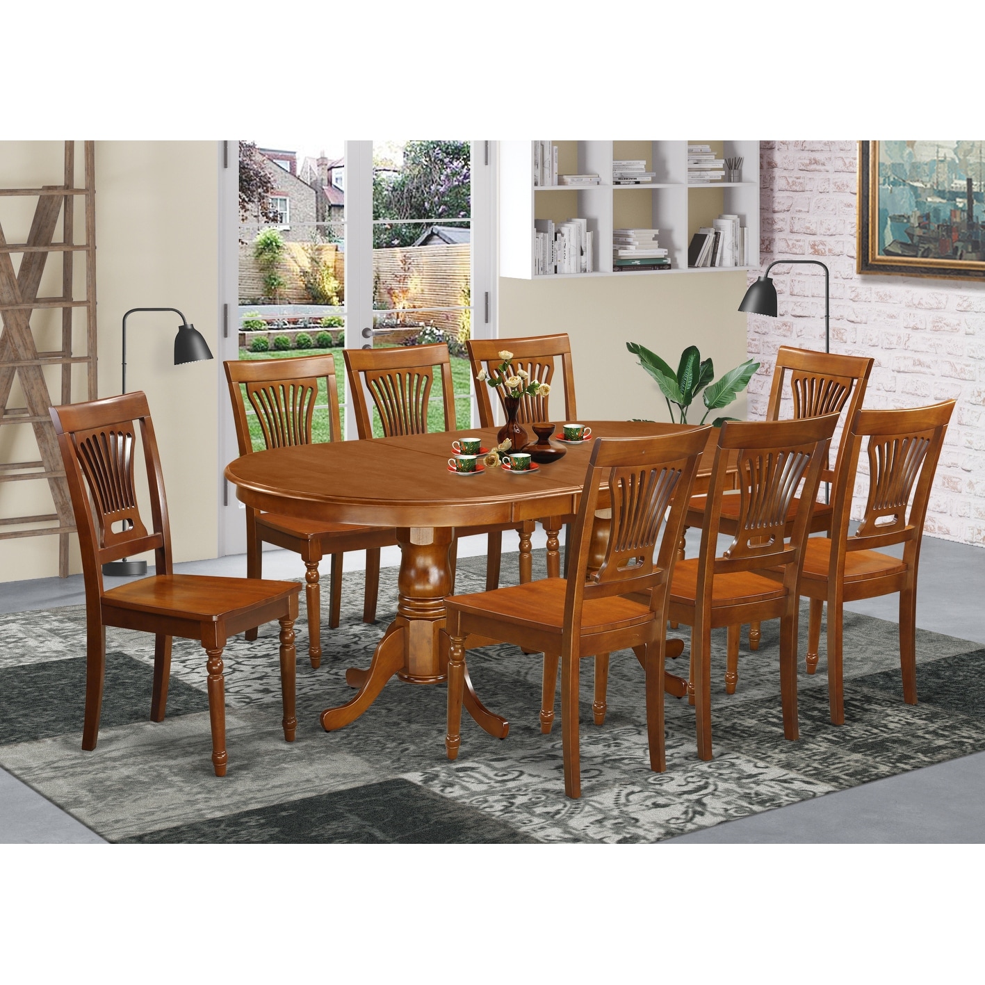 9 Piece Dining Room Set in Saddle Brown Finish