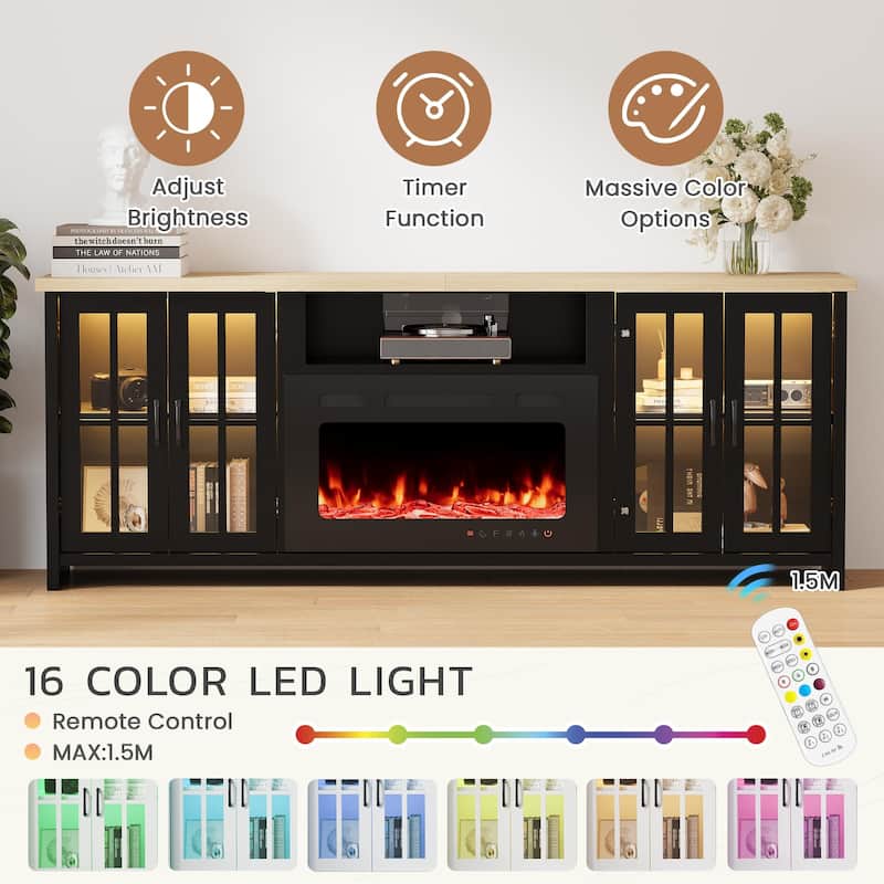 EROMMY 78"/ 97" Fireplace TV Stand with Electric Fireplace, Farmhouse Media Console with LED Lights, Glass Doors