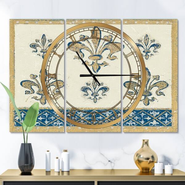 slide 2 of 6, Designart 'Fleur de Lis Gold Pattern' Glam 3 Panels Oversized Wall CLock - 36 in. wide x 28 in. high - 3 panels