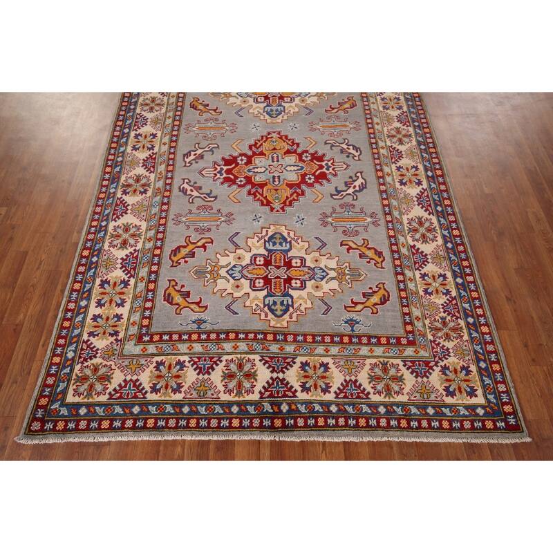 Geometric Kazak Rug Hand-Knotted Grey Traditional Wool Carpet - 5'10" x 8'4"