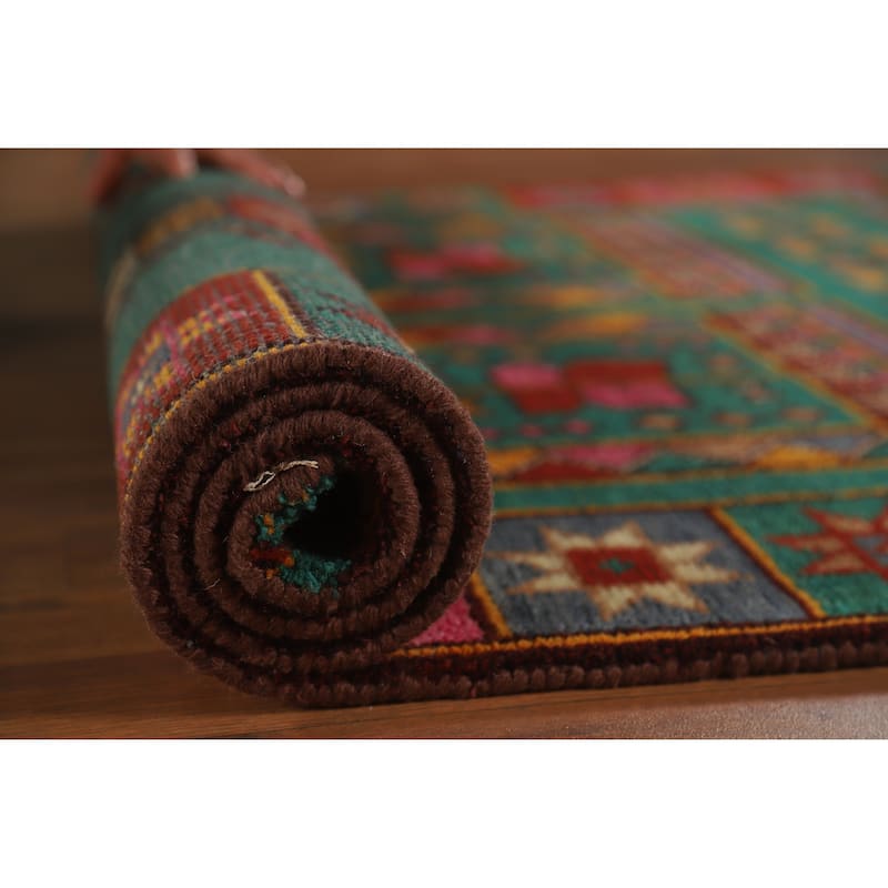 Hand Knotted Oriental 100% Wool Carpet Traditional Tribal Green Heriz (serapi) Runner Rug - 9' 10'' X 4' 2''