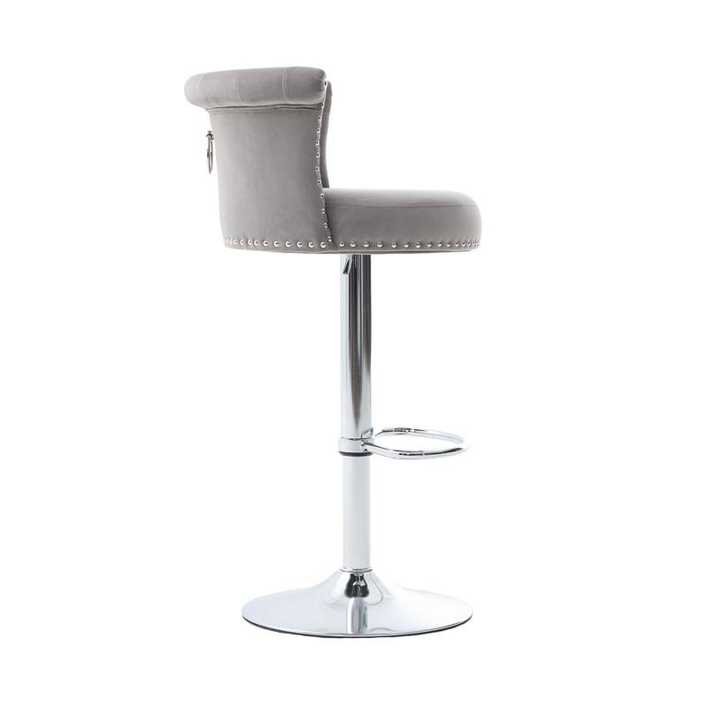Velvet Upholstered Bar Stool Set of 2, Adjusatble Height Swivel Bar Stools, Dining Chairs with Curved Backrest & Footrest