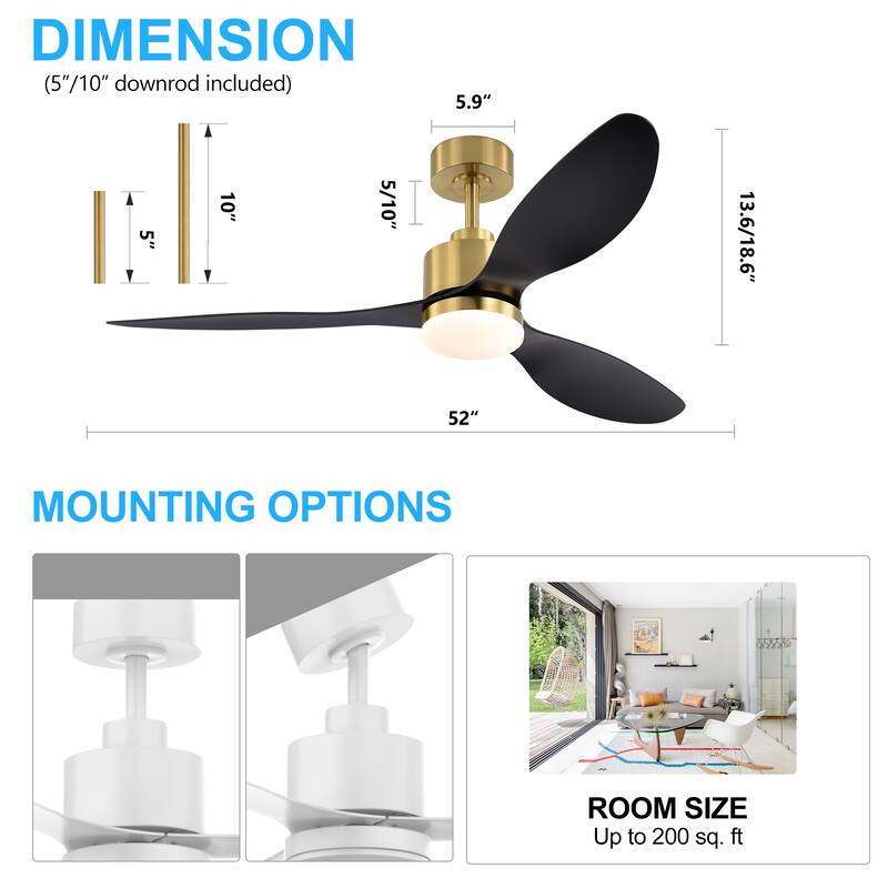 52"/42" Black/Gold LED Ceiling Fan with Lights Remote(3-Blade)