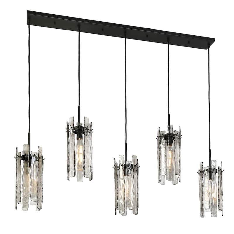 Modern 5-Light 52.7" W Linear Chandelier Texture Glass Pendant Island Light - Black - W59.1"xD7.9"xH80.5"