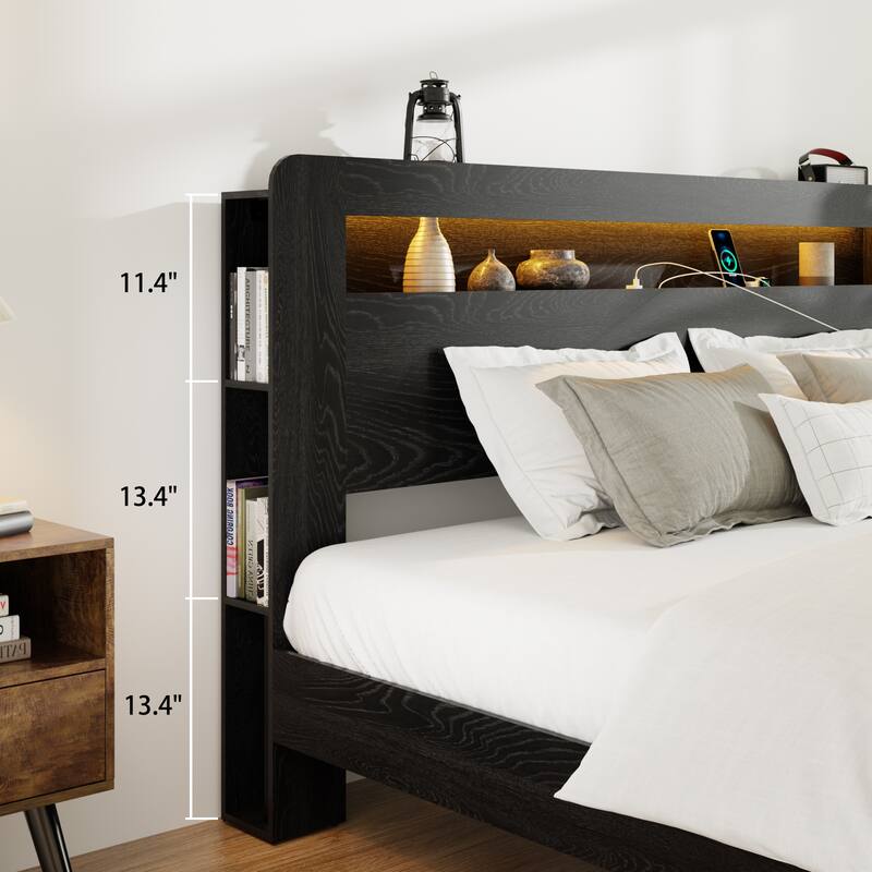 Bed Frame Full Size, Wood Platform Bed Frame with Storage LED Light Headboard and 2 USB , Noise Free,No Box Spring Needed