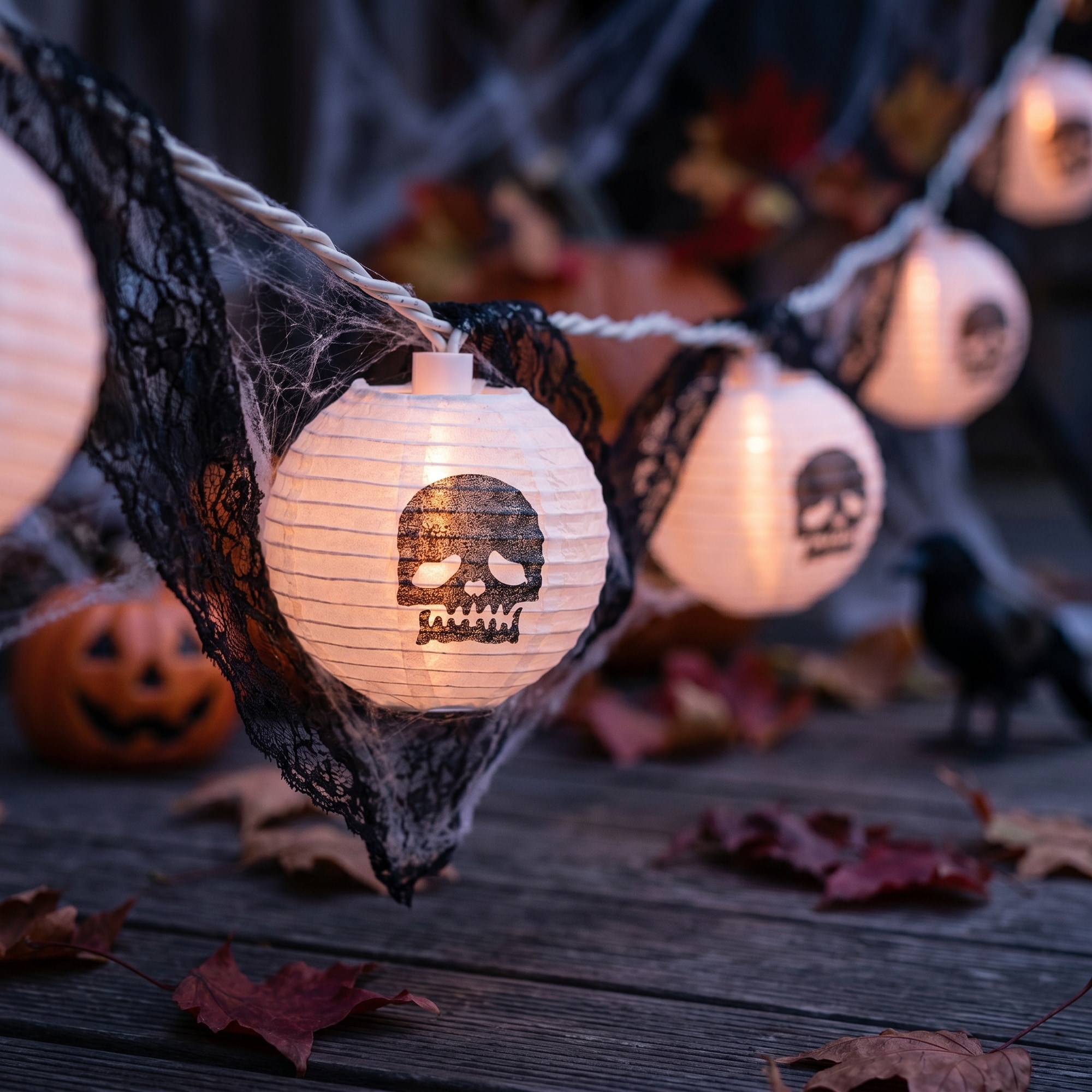 10ct White Black Skull Paper Lantern Halloween Lights 8.5ft White Wire