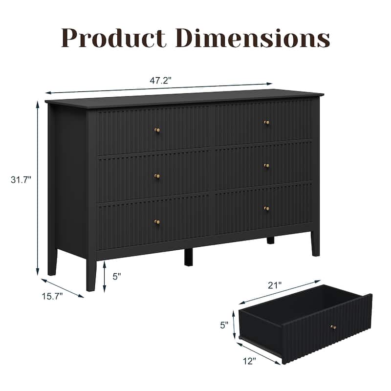 6 Drawer Dresser Fluted Modern with 5 Colors Available | High Weight Capacity Wood Dresser for Bedroom