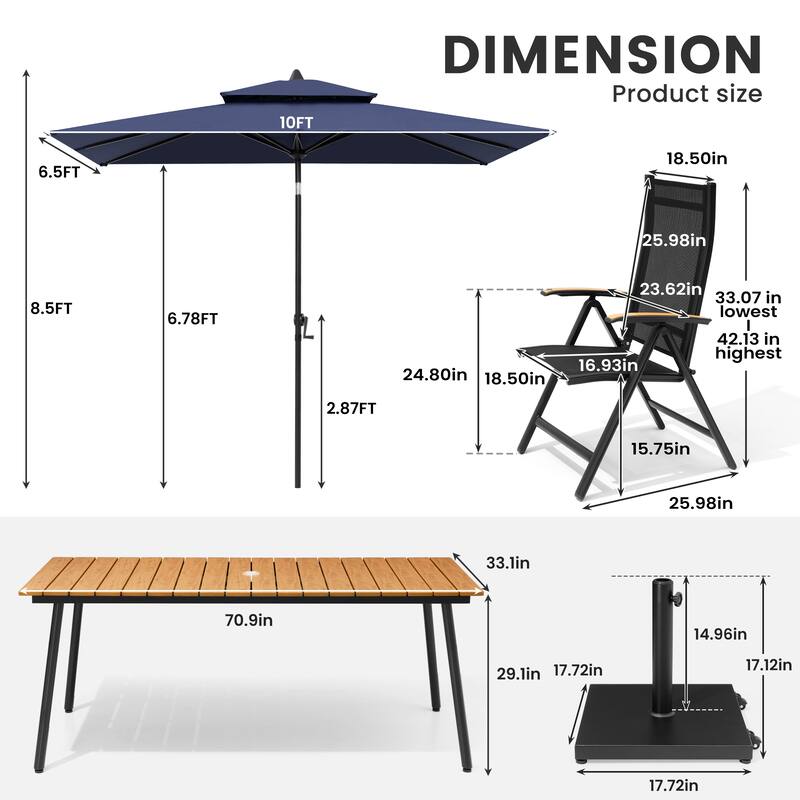 9/11-Piece Outdoor Patio Dining Set Aluminum Dining Table and Folding Chairs w/10 ft Umbrella and Base