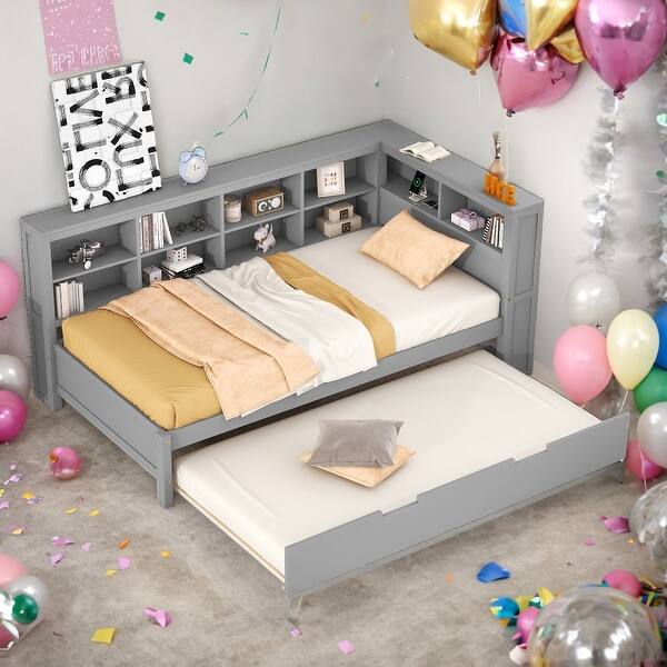 slide 2 of 18, Wooden Twin Size DayBed with Trundle and USB Charging Ports, Grey Grey