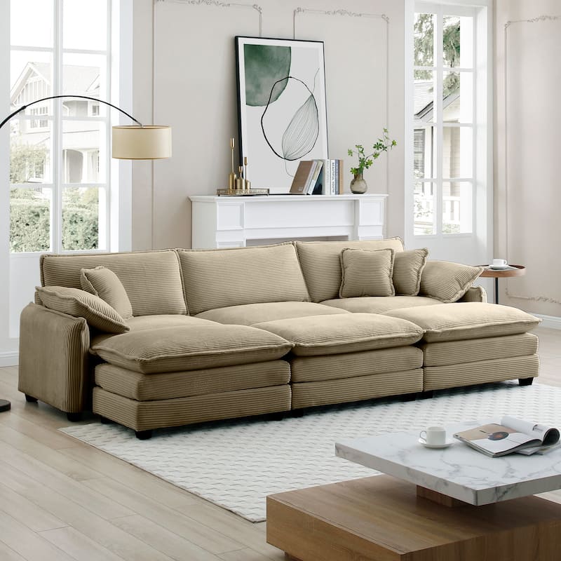 Tan 6-piece Corduroy Modular Sleeper Sectional Sofa with 3 Ottomans