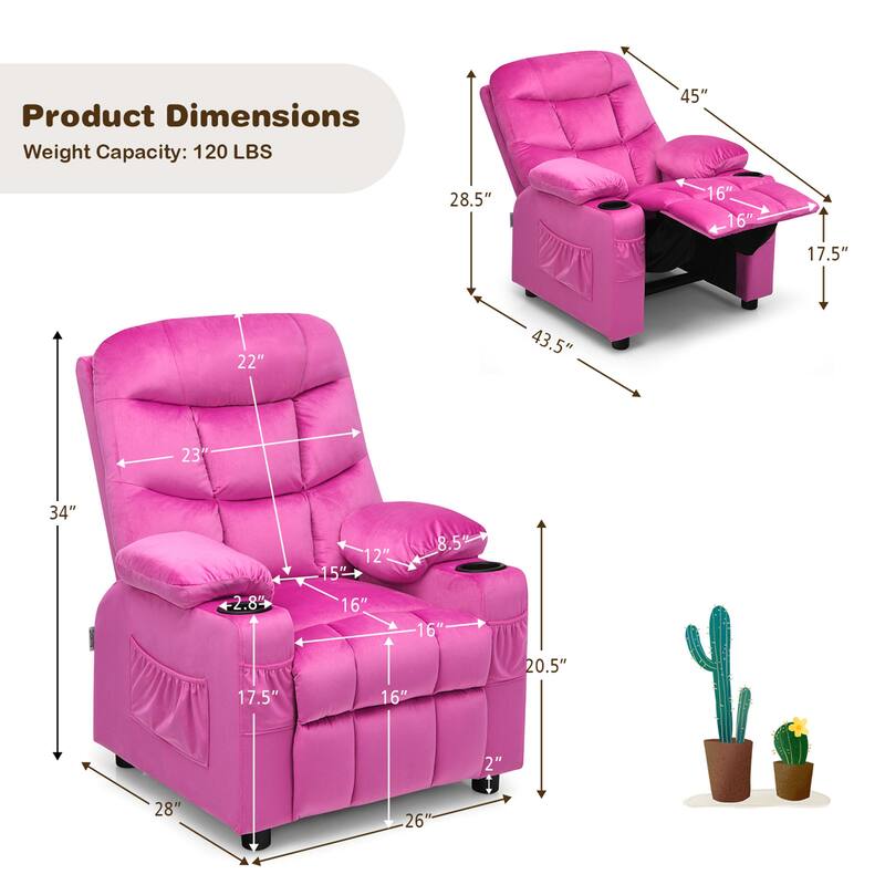Gymax Kids Youth Recliner Chair Velvet Fabric w/Cup Holder & Side