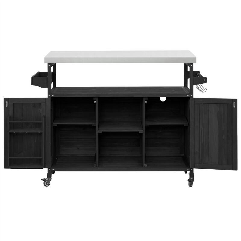 Outdoor Kitchen Island, Rolling Bar Cart & Storage Cabinet, Farmhouse Outdoor Grill Table with Stainless Steel Top & Towel Rack