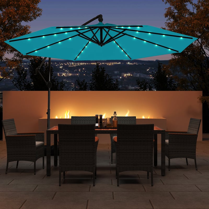 Large 10 Feet Patio Offset Umbrella with Stable Crossed Base and Solar LED Lights for Outdoor
