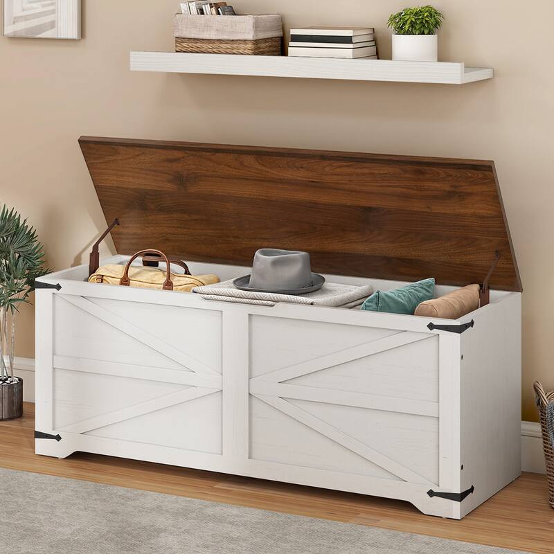 Moasis Farmhouse Storage Chest Storage Bench with 2 Safety Hinges - 47.2" - White and Walnut