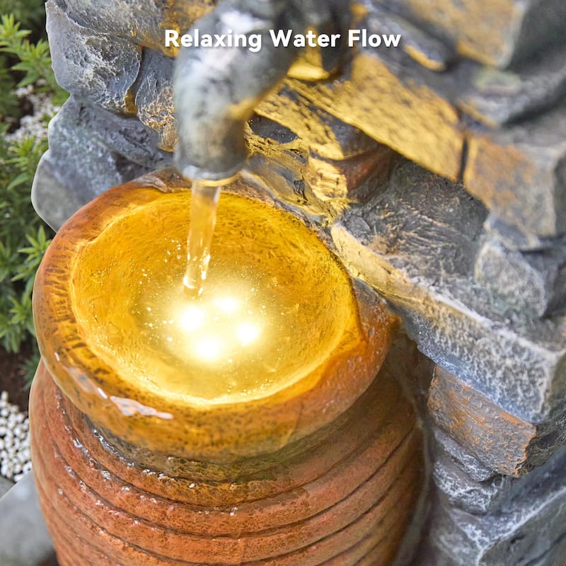 Outdoor 2-Tier Hand Crafted Polyresin Rustic Jar and Stone Wall Weather Resistant Fountain – Vbal