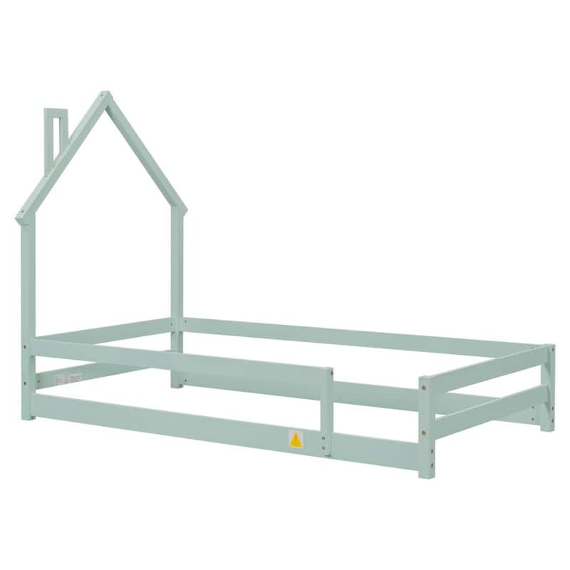 Twin Size Wood Bed Frame with House-shaped Headboard Floor bed with Fences