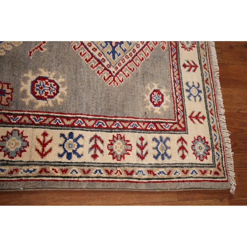 Gray Geometric Kazak Runner Rug Handmade Oriental Wool Carpet - 2'8" x 19'5"