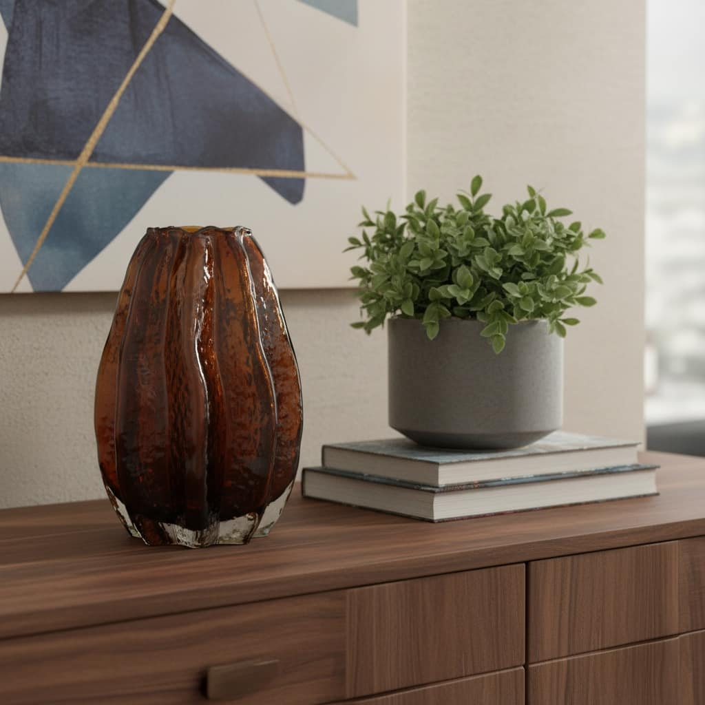 8" Burnt Umber Glass Textured Wavy Table Vase - 5.50