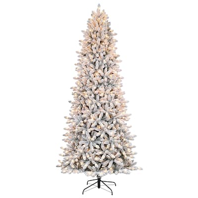 Puleo International 9' Pre-Lit Slim Flocked Fraser Fir Artificial Christmas Tree - 9