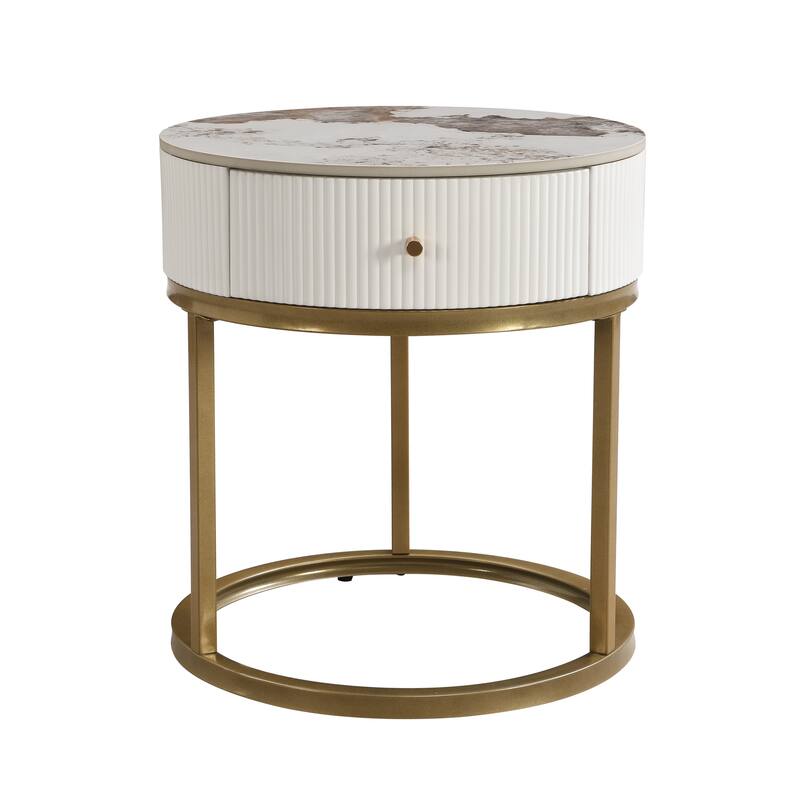 19.68 Inch Modern Nightstand with Drawer, Marble Round End Table with storage, Side Table