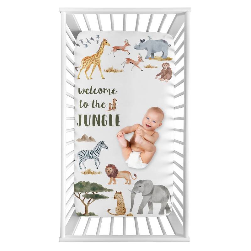 Jungle Animals Photo Op Fitted Crib Sheet Hunter Green Grey Black and White Safari Elephant Giraffe Lion Monkey Leopard Cheetah