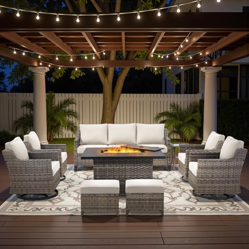Glissia 9-Piece Gray Wicker Fire Pit Conversation Set with height-adjustable fire pit