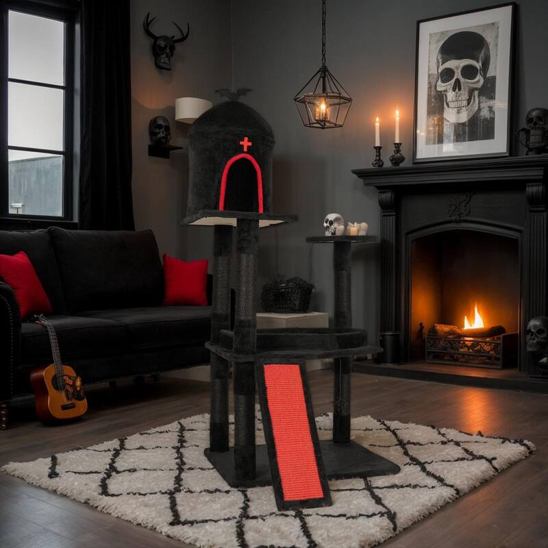 53" Gothic Cat Tree with Coffin Bed, Condo, Scratching Posts & Toys - 31.5 x 32.3 x 53.5 In