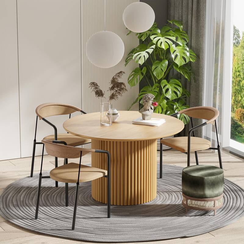 Modern Round Wooden Dining Table - 46" Diameter, Fluted Base, Natural Oak Finish for Dining Room