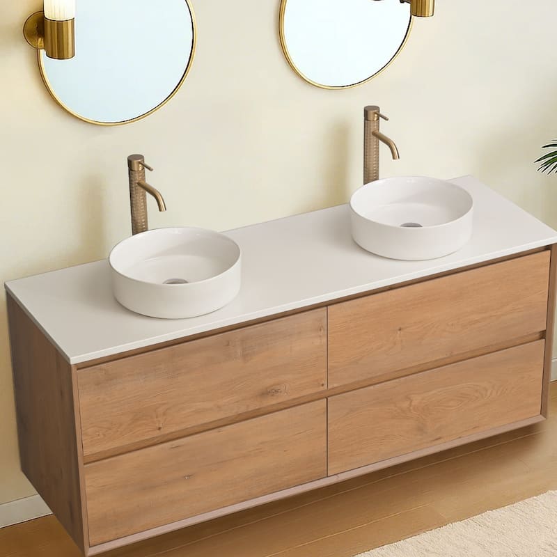 60" Floating Bathroom Vanity Quartz Counter Top with Double Ceramic Vessel Sink