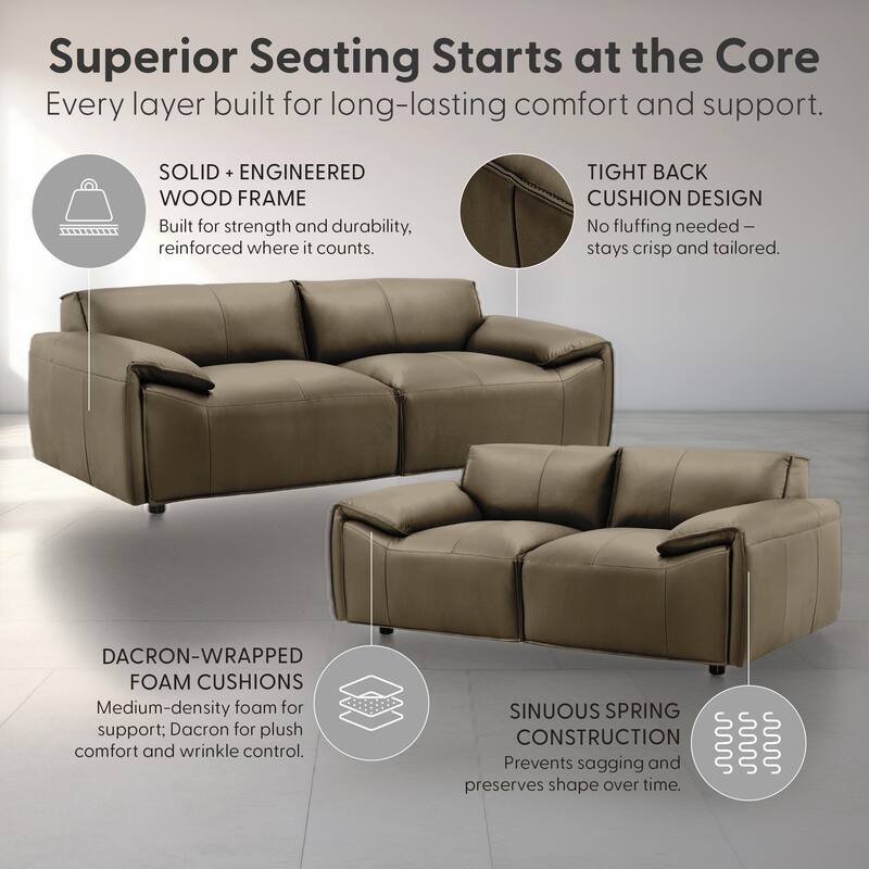 Tanner Top Grain Leather Loveseat, Sofa, or Living Room Set with Padded Arms