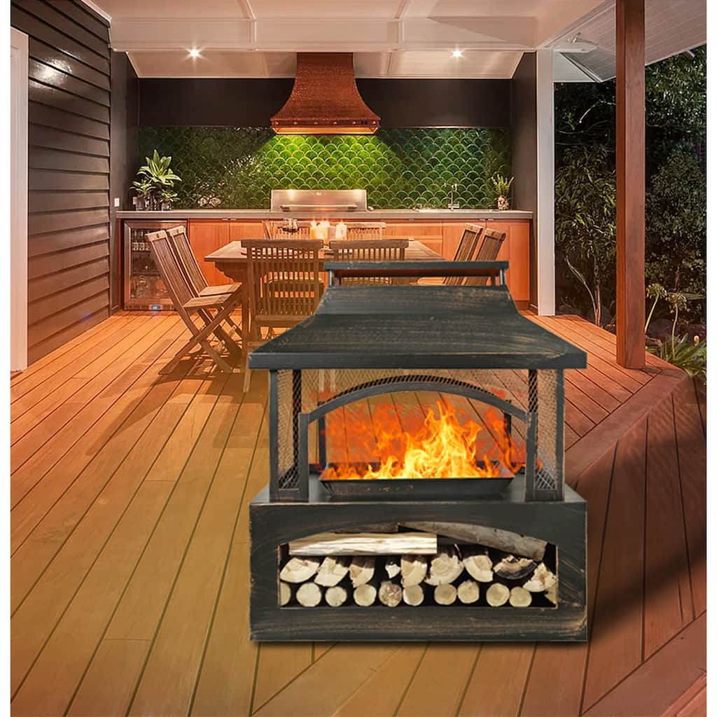 37-Inch Rectangular Metal Outdoor Wood Burning Fireplace - Outdoor Fireplace with Built-in Log Storage and Poker-Brushed Bronze
