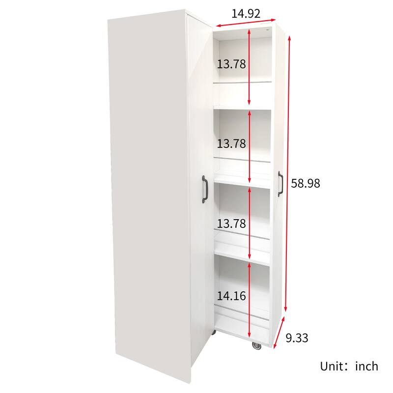 Bookcase with Two Pulled Out Doors Shelving Cabinet,4 Tier Floor Standing Bookcase,Slide Out Hidden Storage Cabinet with Wheels