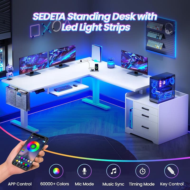 L Shaped Electric Standing Desk with File Cabinet Height Adjustable 63 x 53''