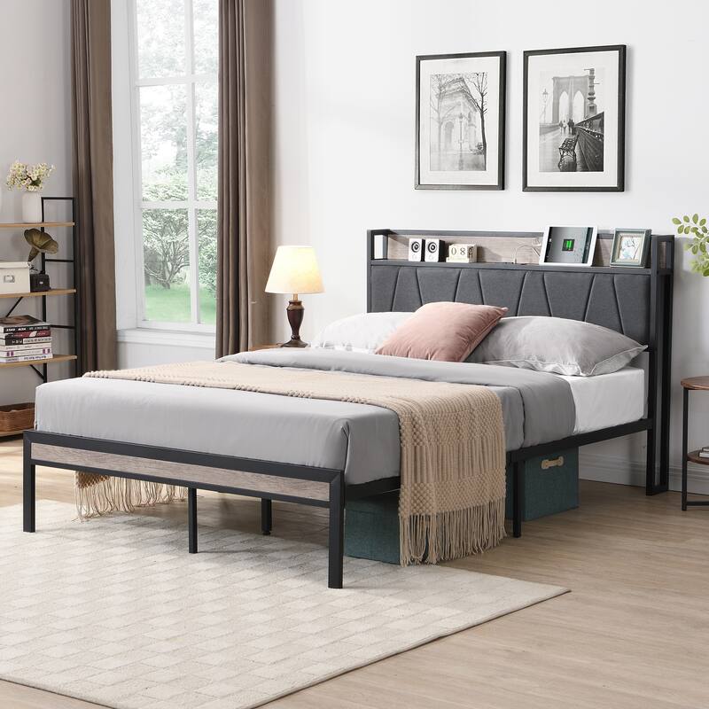 Full Size Metal Platform Bed with Upholstered Headboard and USB