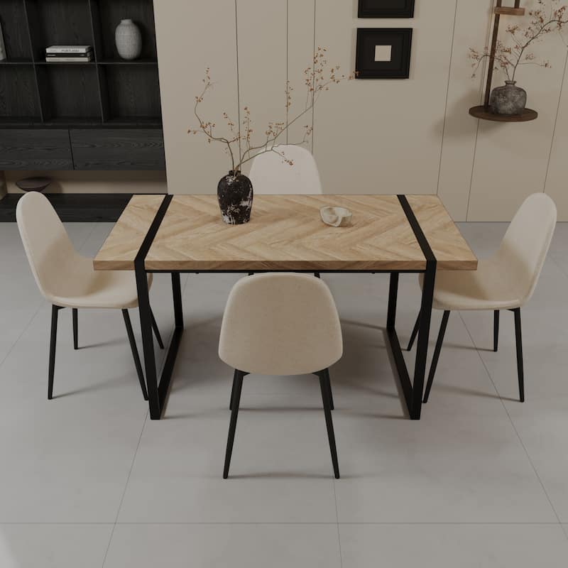 5-Piece Modern Dining Table Set, 59 Inch Light Wood MDF Table & 4 Suede Chairs, Medieval Style Design
