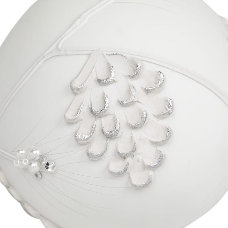 White and Silver Leaves Glass Ball Christmas Ornament - 3.5"