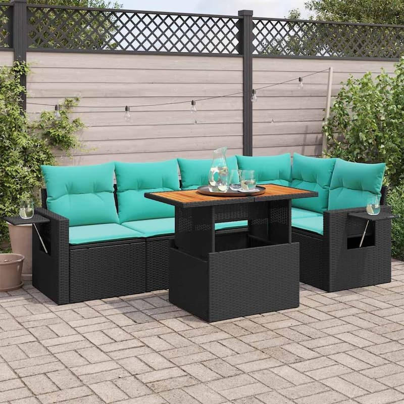 vidaXL 6 Piece Patio Sofa Set with Cushions Black Poly Rattan - 21.7 x 24.4 x 27.2