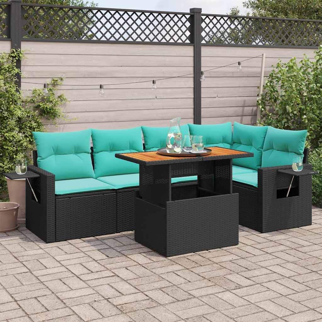 vidaXL 6 Piece Patio Sofa Set with Cushions Black Poly Rattan - 21.7 x 24.4 x 27.2