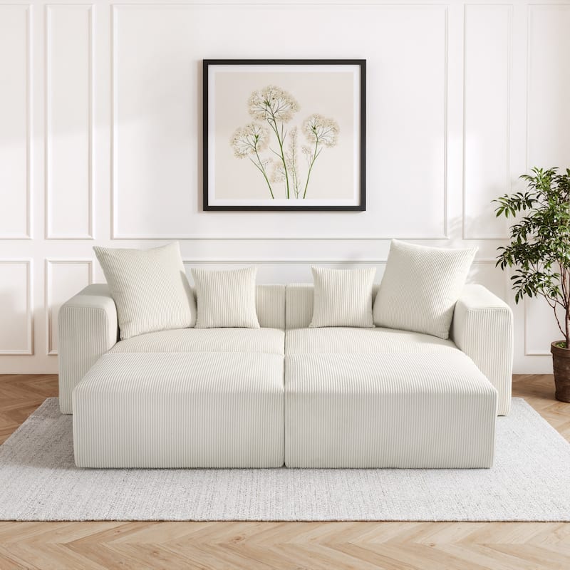 Corduroy Upholstered Modular Sectional Sofa with Ottoman - Beige-4 piece - Symmetrical