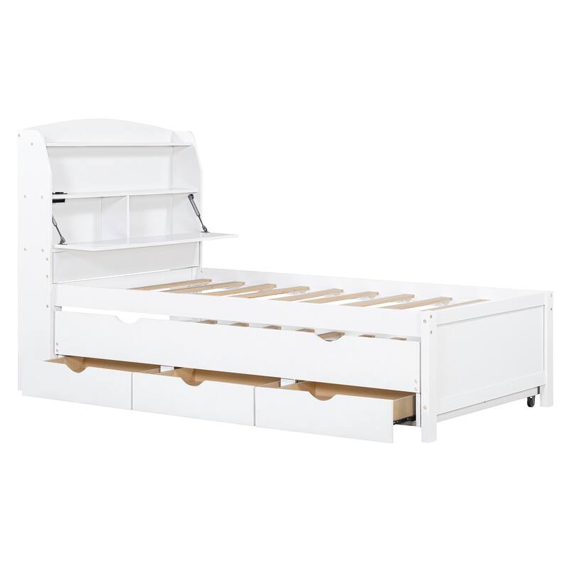 Twin Size Wooden LED Platform Bed with Trundle, with Storage Headboard, with Drawers, White