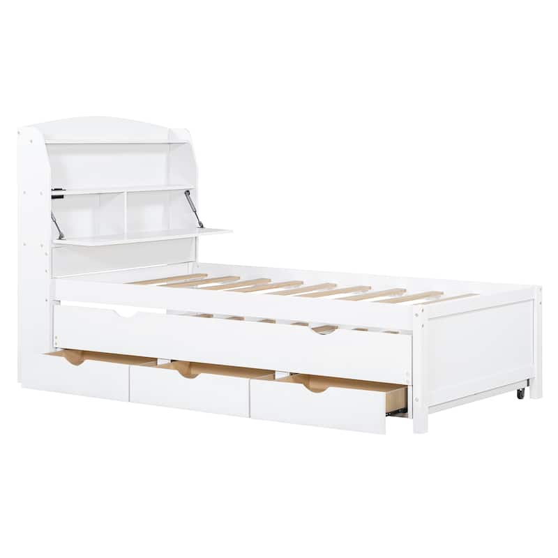 Twin XL Platform Bed with LED Headboard & USB Ports, Wooden Bed Frame with Trundle, 2 Storage Drawers, No Box Spring Needed